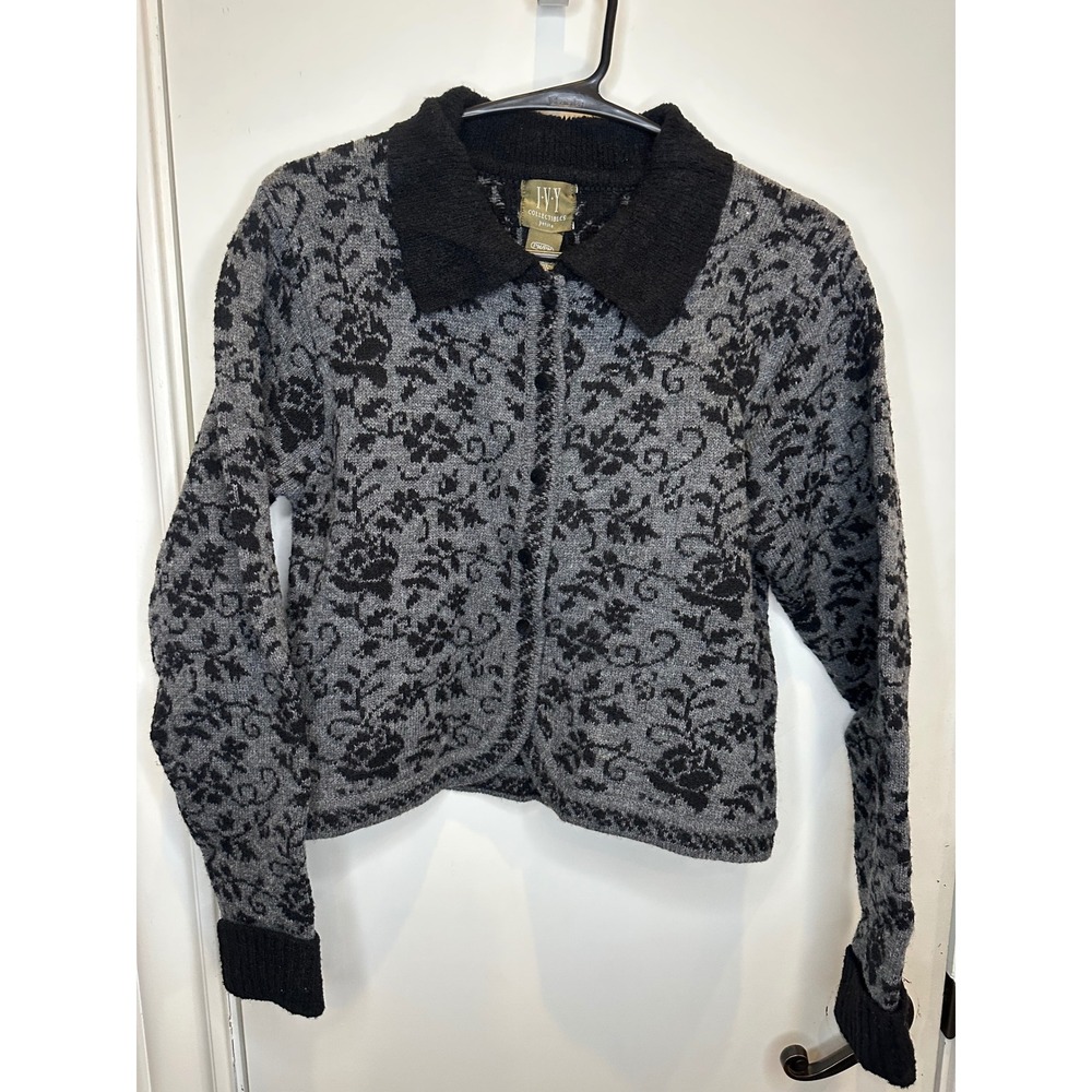 Ivy Collectibles Petite Grey Black Floral Lambswool Blend Cardigan Sweater PM